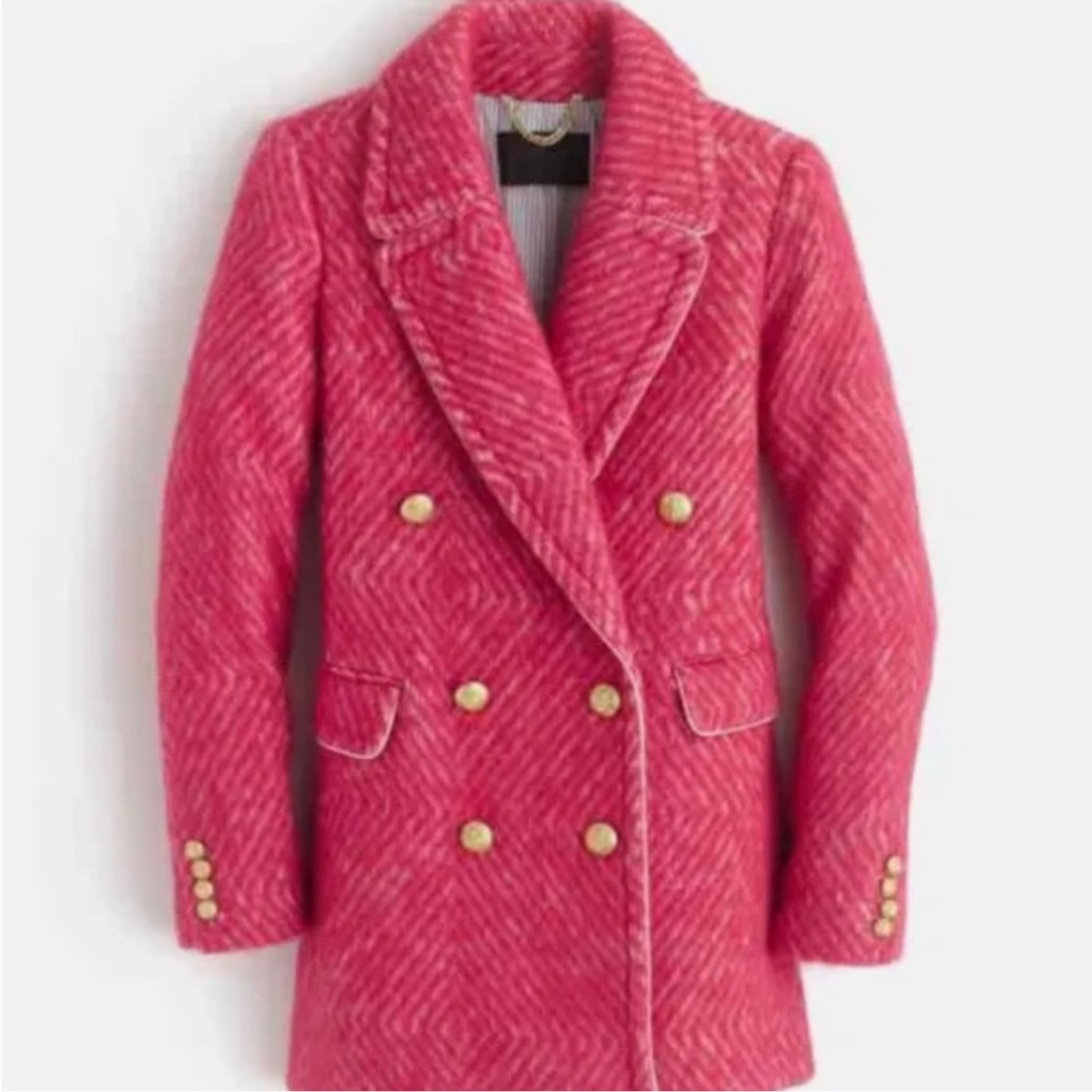 J. Crew Bubblegum Pink and White Diamond Tweed Double Breasted Pea Coat